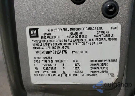 2003 Chevrolet Silverado C1500 from USA, damaged, VIN 2GCEC19V131154176